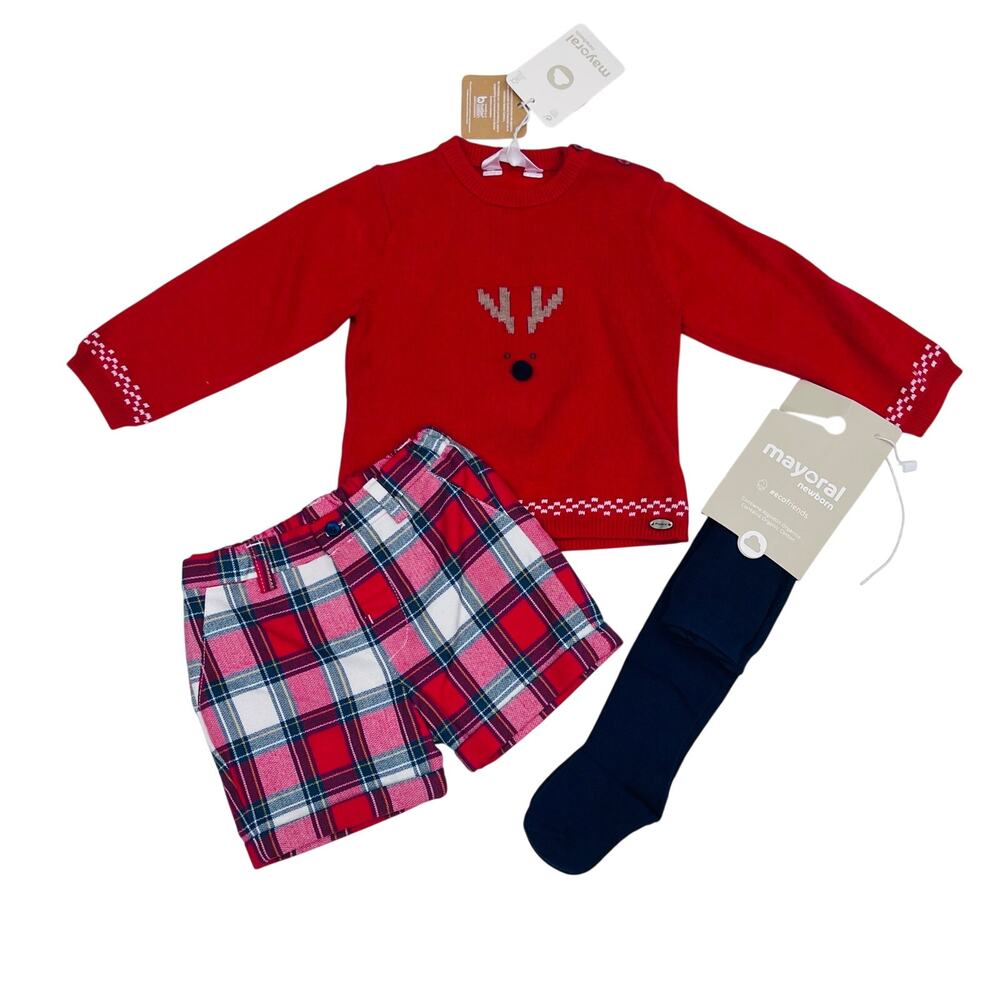 NWT Mayoral 2-4M Reindeer 3 Pc Boy Red Plaid Set